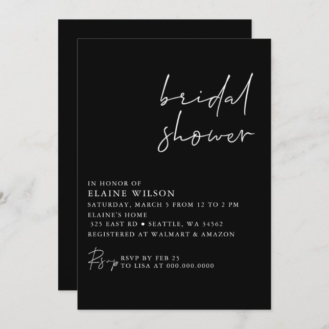 Black Simple Elegant Modern Bridal Shower  Invitation (Front/Back)