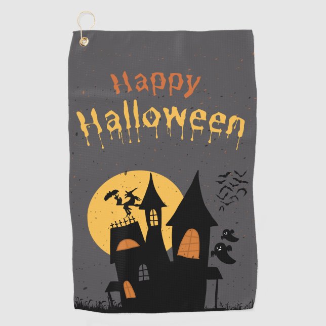 Black Simple Happy Halloween Portrait Golf Towel (Front)