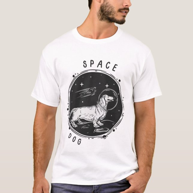 Black Simple Illustrated Space Dog & Dog in Space  T-Shirt (Front)