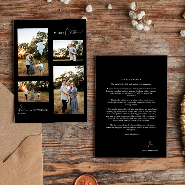 Black Simple Modern Christmas Four Photo Collage Holiday Card (Creator Uploaded)