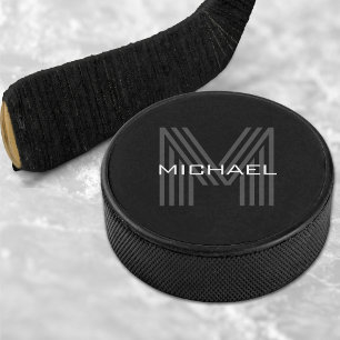 Black Simple Modern Minimalist Monogram Initial Hockey Puck