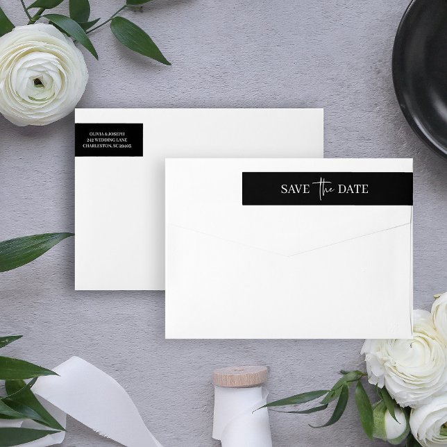 Black Simple Modern Minimalist | Save the Date Wrap Around Label (Creator Uploaded)