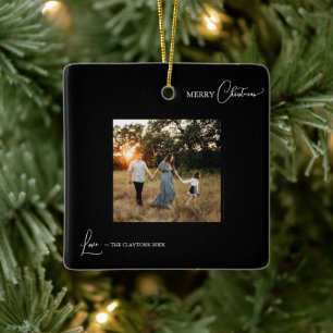 Black Simple Modern Photo Merry Christmas Ceramic Ornament