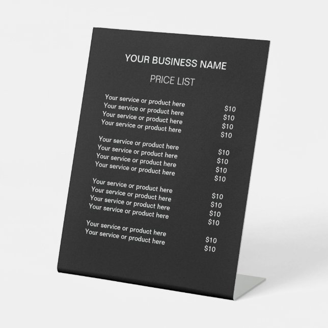 Black Simple Modern Price List Pedestal Sign (Front)