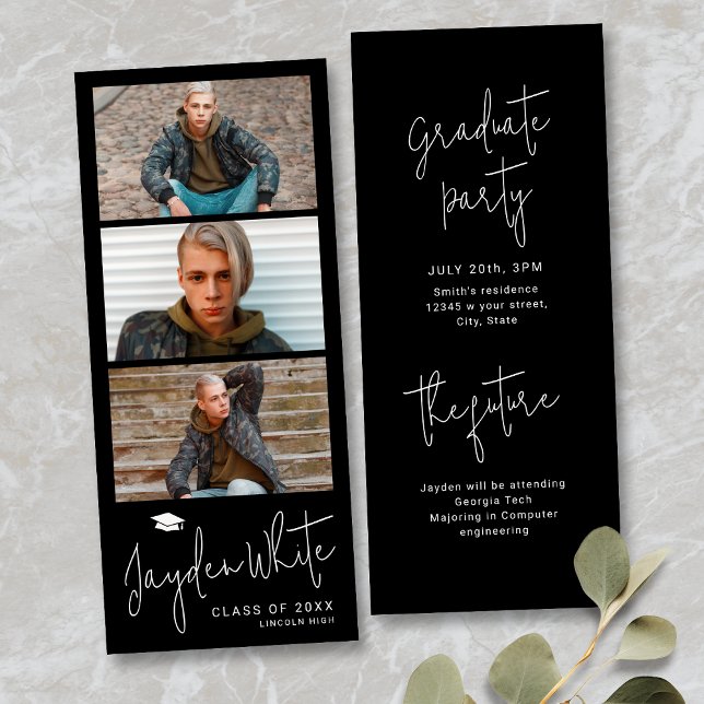 Black Simple Modern Script 3 Photo Graduation Invitation (Black Simple Modern Script 3 Photo Graduation Invitation)