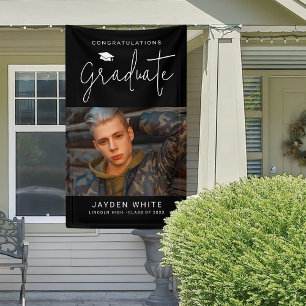Black Simple Modern Script Photo Graduation Party Banner