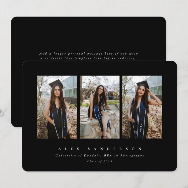 Black Simple Modern Triple Photo Graduation Announcement (Front/Back)