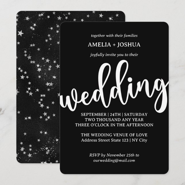 Black Simple Modern With Stars Wedding Invitation  (Front/Back)