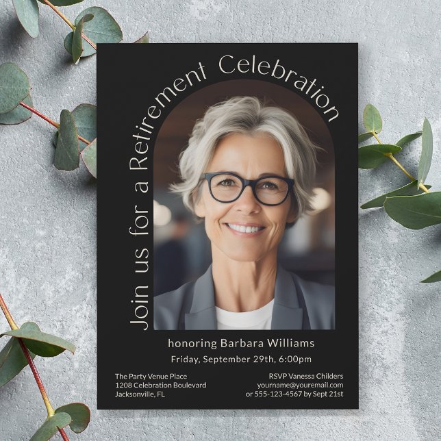 Black Simple Photo Arch Retirement Party Invitation (Available in both printed and instant download digital formats.)