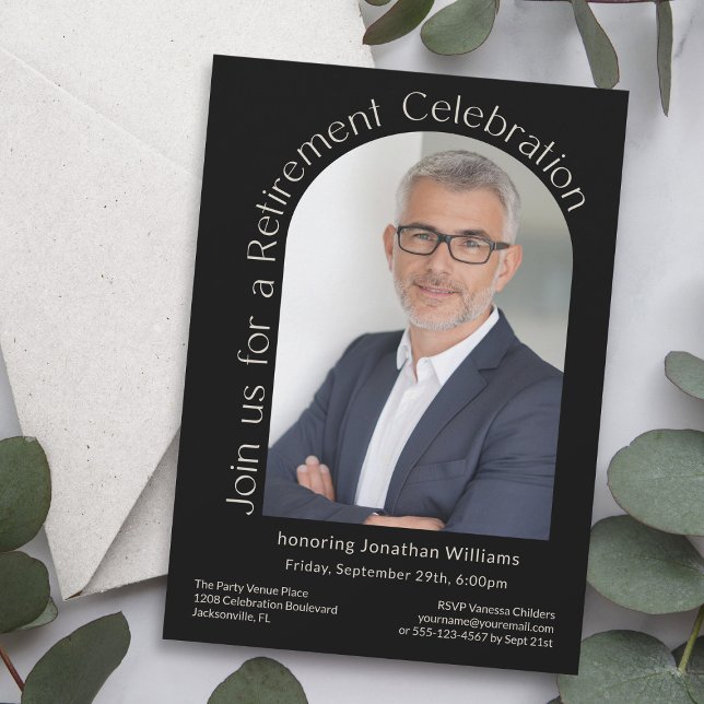 Black Simple Photo Arch Retirement Party Invitation (Available as printed and paperless digital download!)