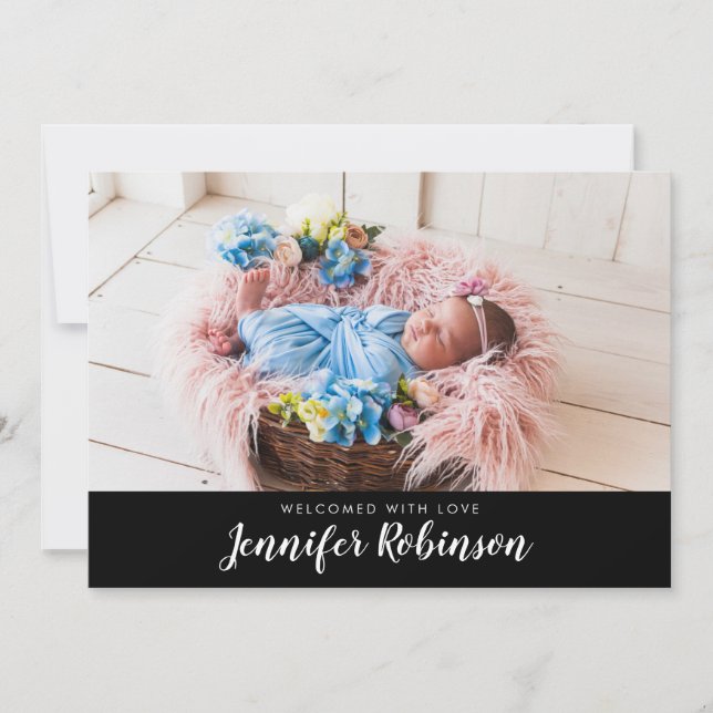 Black Simple Photo Newborn Baby Birth Announcement (Front)