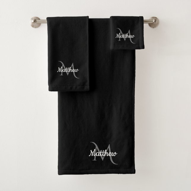 Black Simple Script White Gray Monogram Name Bath Towel Set (Insitu)