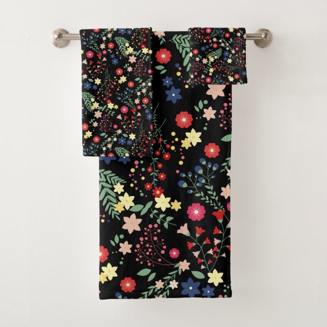 Black Simple Vintage Wildflower  Pattern  Bath Towel Set (Insitu)