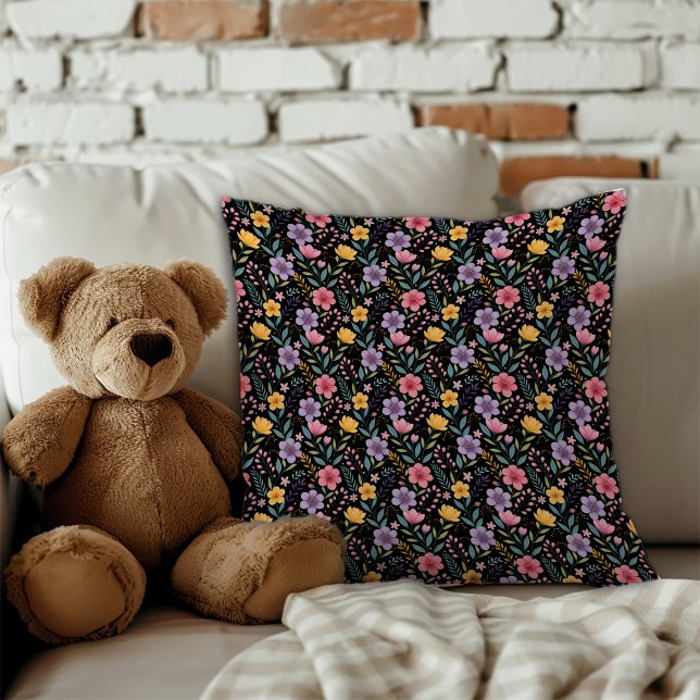 Black simple wildflower pattern monogram cushion (Creator Uploaded)