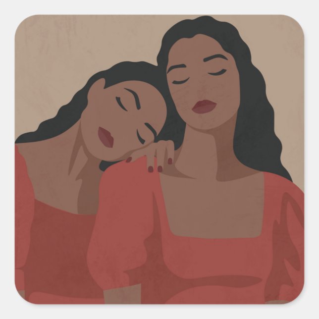 Black sisters in red, boho style square sticker (Front)