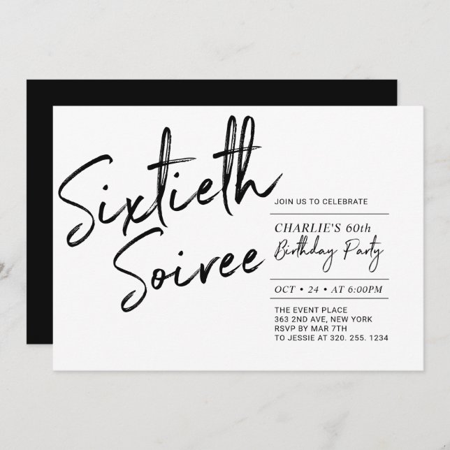 Black | Sixty Soiree Modern 60th Birthday Party Invitation (Front/Back)
