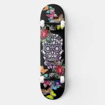 BLACK SKATEBOARD SKULL FLOWERS AND BUTTERFLIES