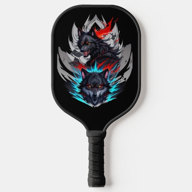 Black Skateboard WITH Wolves Design Pickleball Paddle (Front)