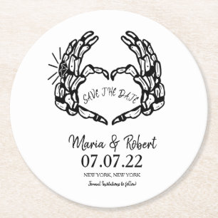 Black Skeleton Hand Heart Wedding Rings Doodle Inv Round Paper Coaster
