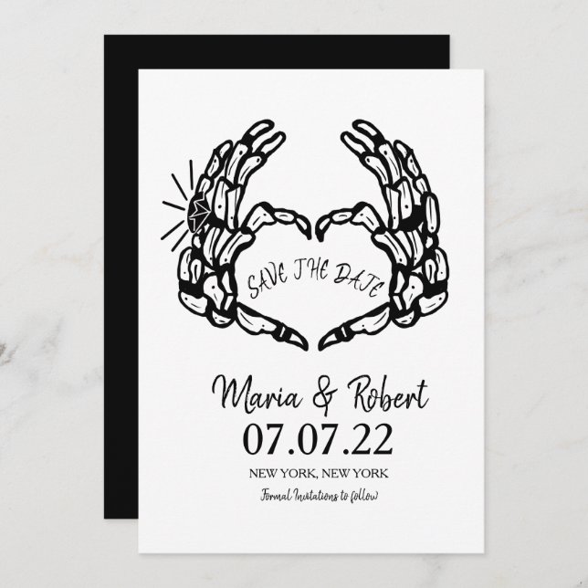 Black Skeleton Hand Heart Wedding Rings Doodle Invitation (Front/Back)