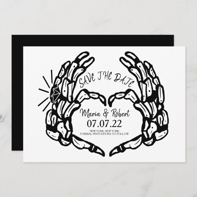 Black Skeleton Hand Heart Wedding Rings Invitation (Front/Back)