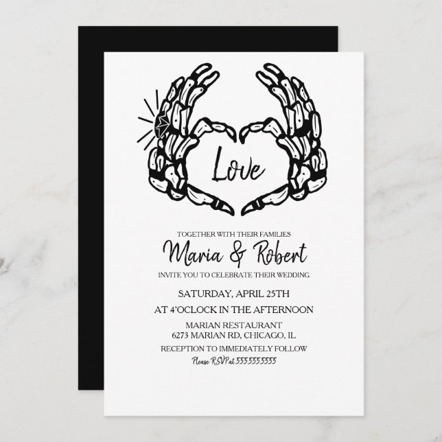 Black Skeleton Hand Heart with Wedding Rings Invitation (Front/Back)