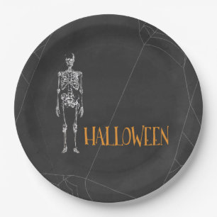 Black Skeleton Spiderweb Halloween Party Paper Plate