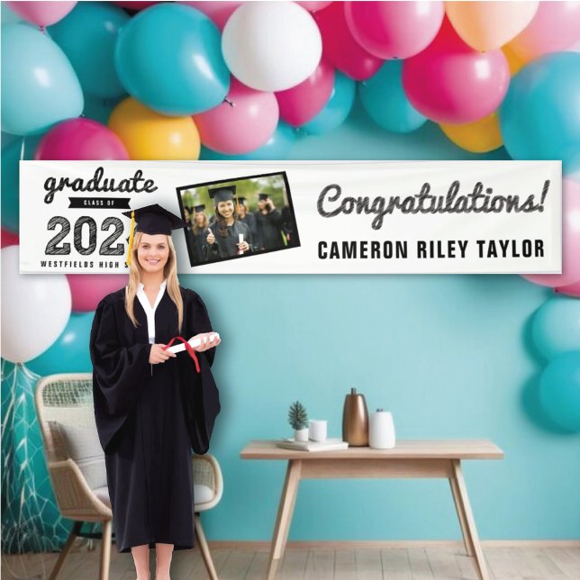 Black Sketch 2025 Congrats Photo Graduation Party Banner (2024 White & Black Sketch, 1 Photo, Modern Graduation Party Banner @ www.zazzle.com/color_therapy)