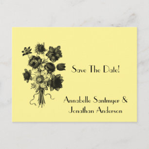 Black Sketched Flowers on Pale Yellow Save The Dat Announcement Postcard