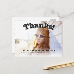 Black Sketched Thanks Modern Grad Photo Thank You Postcard