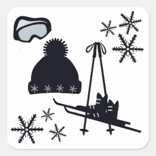Black ski & winter designs on square stickers. sticker
