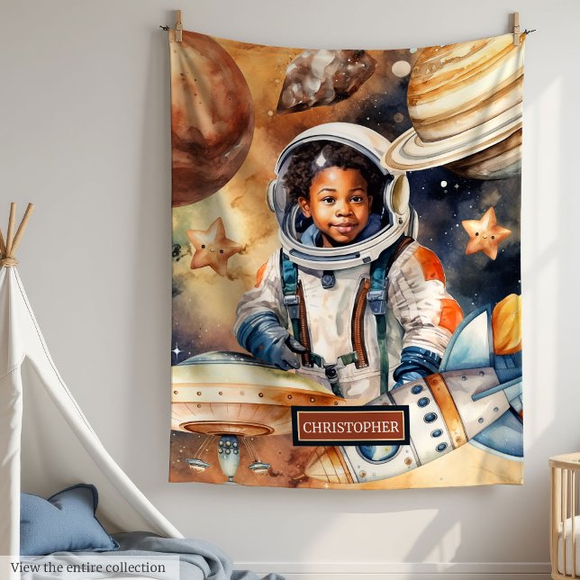 Black Skin Boy Astronaut Space Watercolor Style Fleece Blanket (Black Skin Boy Astronaut Space Watercolor Style Fleece Blanket)