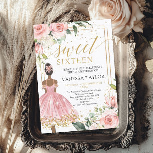Black skin Princess pink dress blush floral gold Invitation