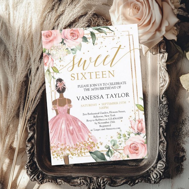 Black skin Princess pink dress blush floral gold Invitation (Black skin Princess pink dress blush floral gold Invitation)