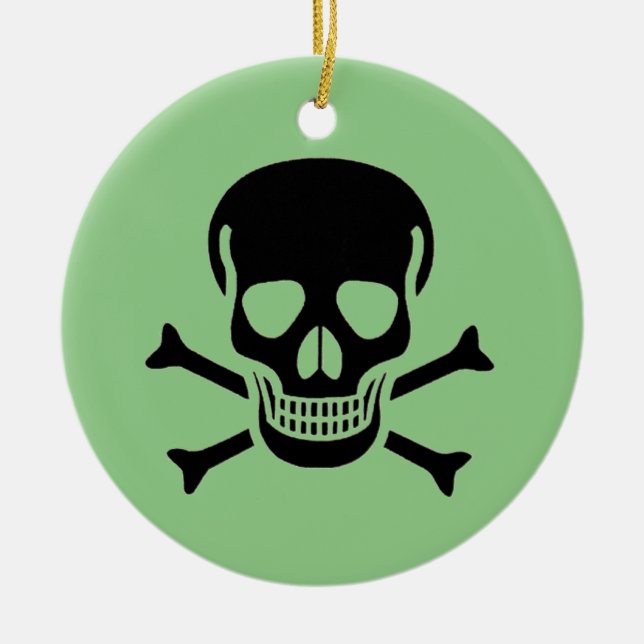 Black Skull green round ceramic ornament (Front)