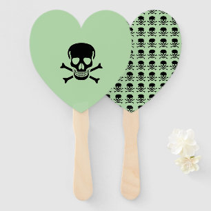 Black Skull many skulls green heart hand fans