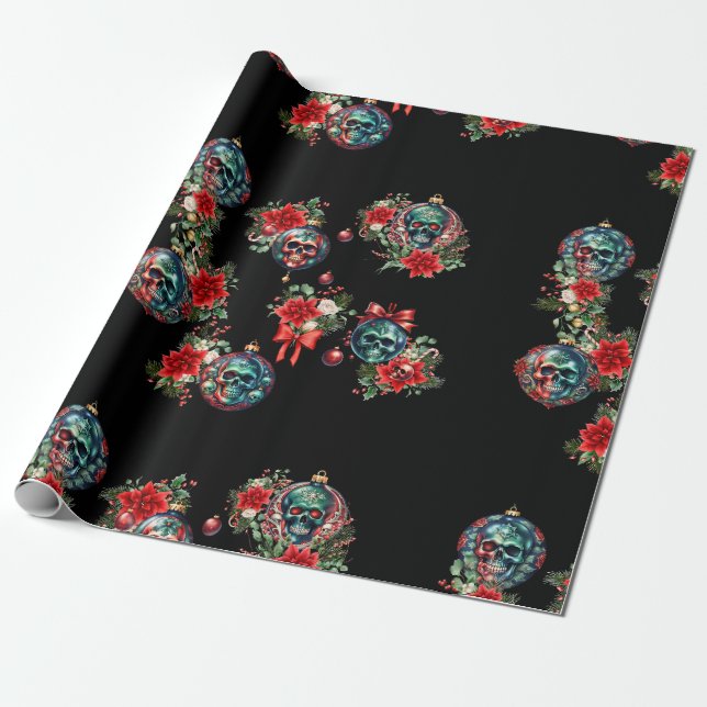 Black Skull Ornament Christmas Wrapping Paper (Unrolled)
