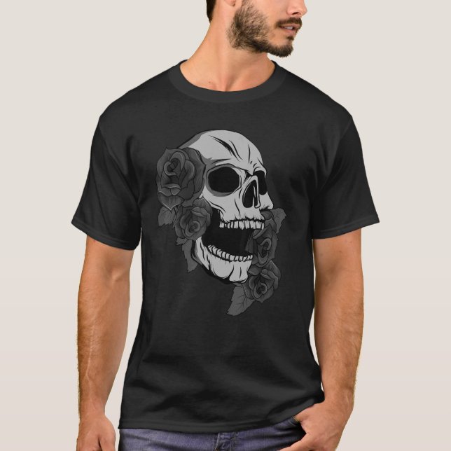 Black Skull Roses Dark Magic Viking Aesthetic Goth T-Shirt (Front)