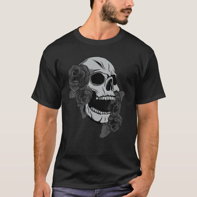Black Skull Roses Dark Magic Viking Aesthetic Goth T-Shirt (Front)