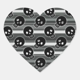 Black Skulls on Black White Stripe Pattern Heart Sticker