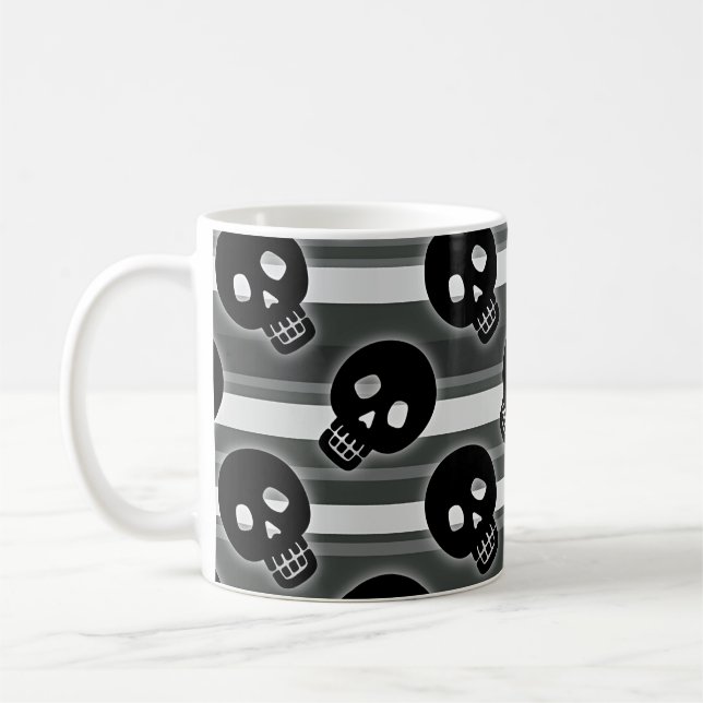 Black Skulls on Black White Stripes Coffee Mug (Left)