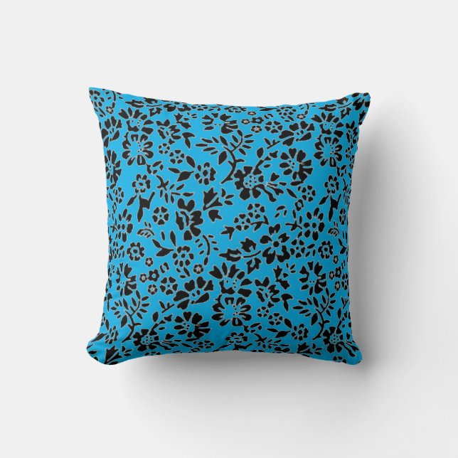 Black & Sky Blue Flowered Cushion (Front)