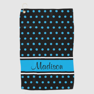 Black Sky Blue Polka Dot Stripe Script Name Golf Towel