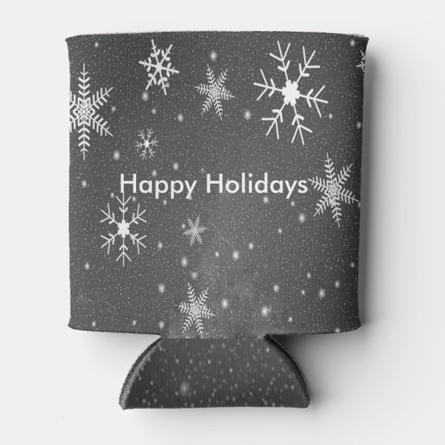 Black Sky with White and Grey Snowflakes, ZSSG Can Cooler (Front)
