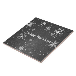 Black Sky with White and Grey Snowflakes, ZSSG Ceramic Tile