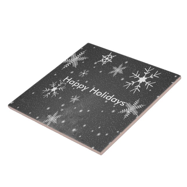 Black Sky with White and Grey Snowflakes, ZSSG Ceramic Tile (Side)