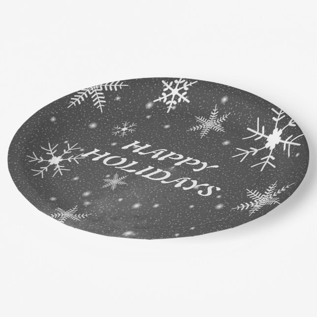 Black Sky with White and Grey Snowflakes, ZSSG Paper Plate (Angled)