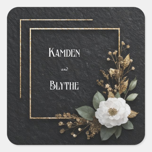Black Slate Gold Foil White Flower Elegant Wedding Square Sticker (Front)