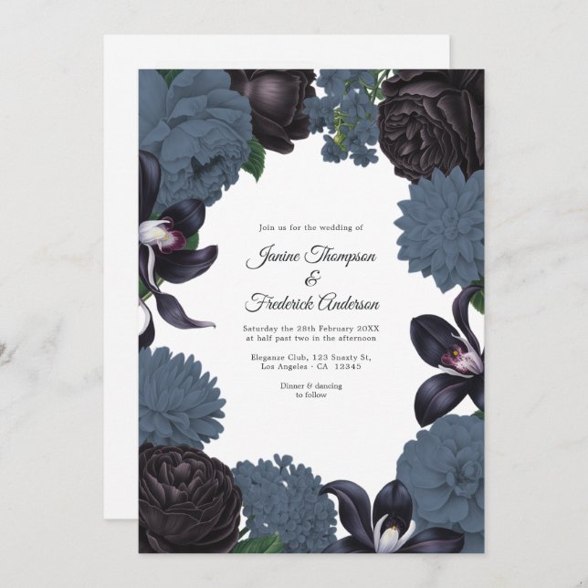 Black & Slate Photo/QR Code Floral Wedding Invitation (Front/Back)