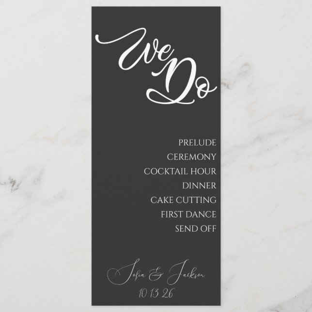 Black Sleek Modern Wedding Itinerary Program Dates (Front)